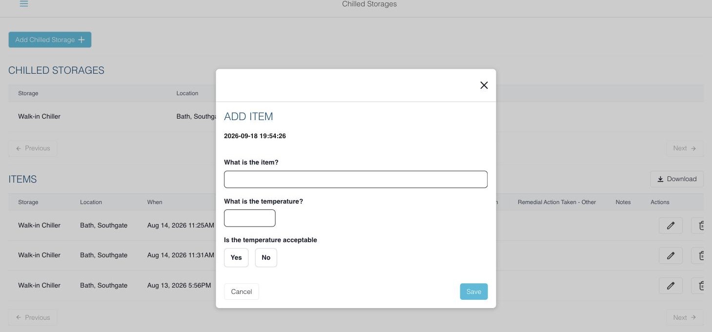 Logging a temperature check in TempGuard: item, temperature, and a pass/fail toggle