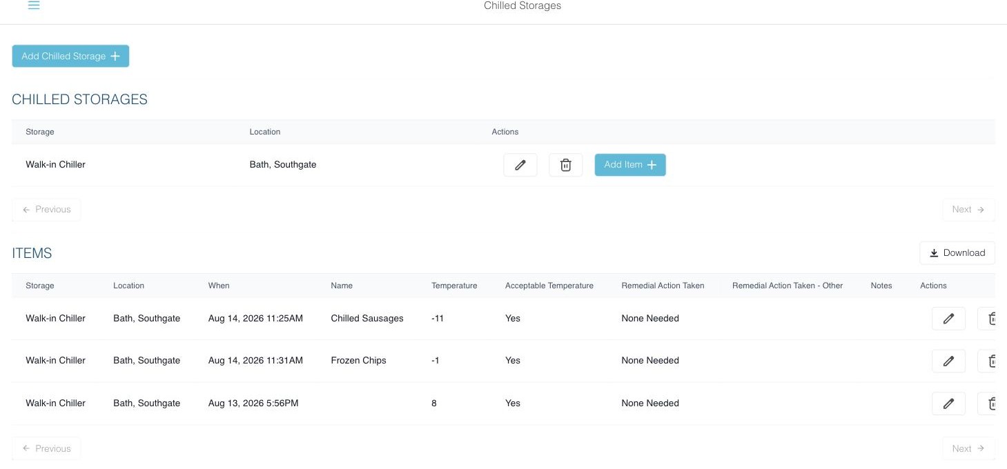 TempGuard's chilled storage log, showing logged temperature checks