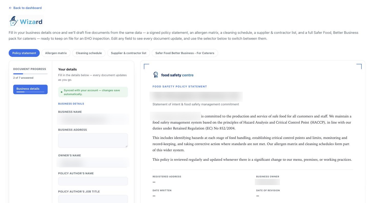 The wizard generating a food safety policy statement
